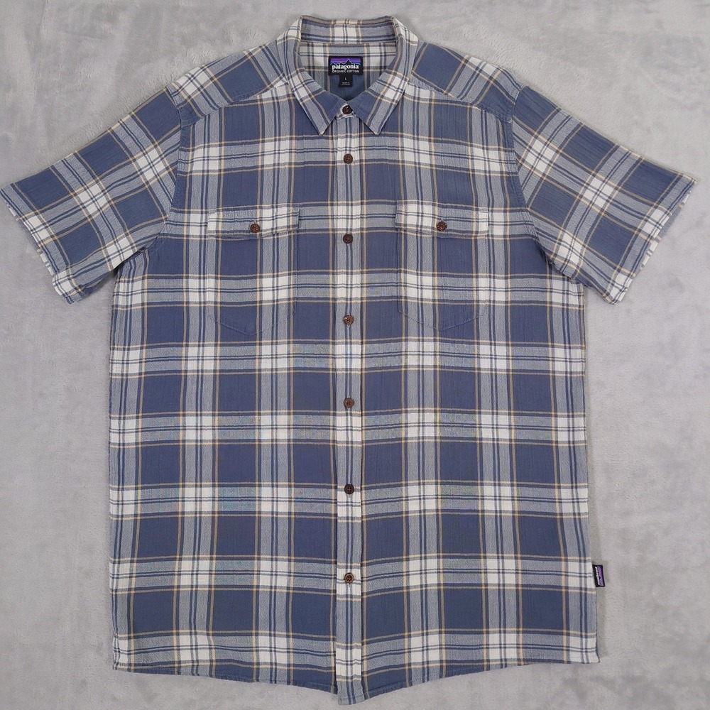 Patagonia Steersman Shirt Mens L Blue Plaid Short Sleeve Organic Cotton 52931